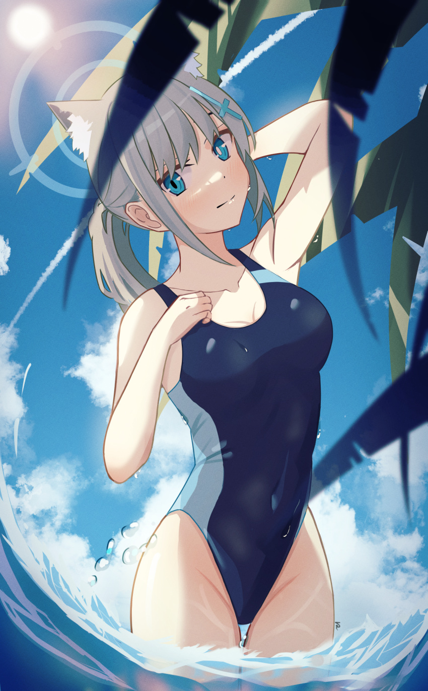 1girl animal_ear_fluff animal_ears black_one-piece_swimsuit blue_archive blue_eyes blue_sky blurry breasts cloud competition_swimsuit covered_navel cross_hair_ornament day depth_of_field extra_ears grey_hair hair_ornament halo highres leaf low_ponytail medium_breasts medium_hair mismatched_pupils multicolored_clothes multicolored_swimsuit official_alternate_costume one-piece_swimsuit outdoors shiroko_(blue_archive) shiroko_(swimsuit)_(blue_archive) sky solo standing sun swimsuit van_epi wading water wolf_ears