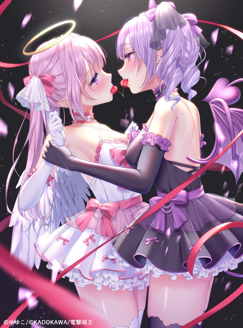 2girls absurdres angel angel_and_devil angel_wings bare_shoulders black_dress black_gloves blush bow breasts cherry choker demon demon_girl demon_horns demon_wings dress elbow_gloves feathered_wings food frills fruit gloves grabbing hair_ribbon halo highres holding_another's_wrist horns long_hair looking_at_another mini_wings multiple_girls open_mouth original pink_hair purple_eyes purple_hair ribbon sharing_food small_breasts thighhighs twintails white_dress white_gloves white_wings wings yuri yuyuko_(yuyucocco)