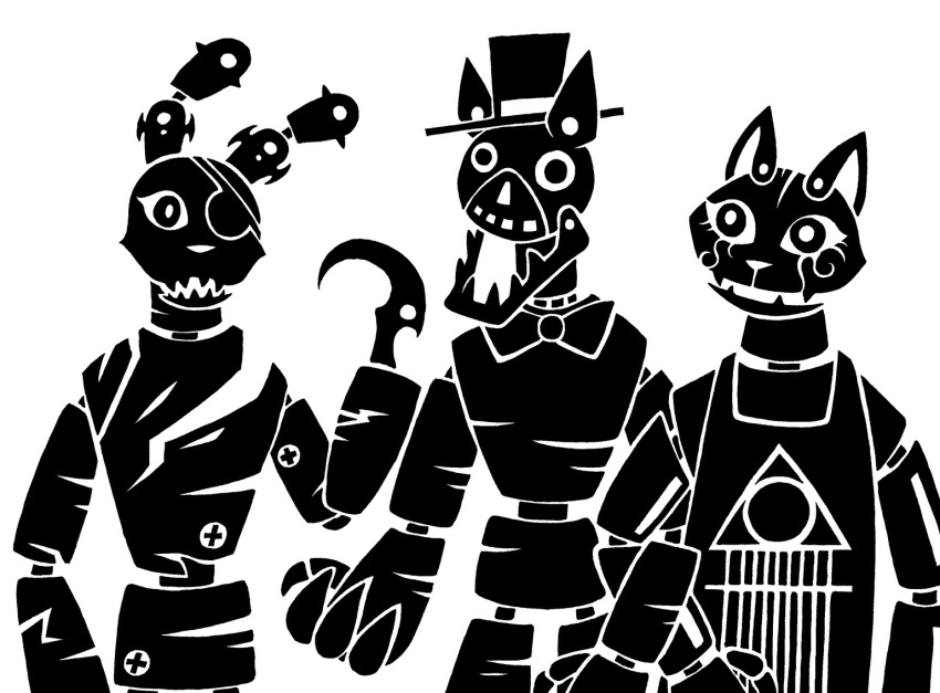 2014 4_fingers alternate_species animatronic anthro biped black_and_white bow_tie canid canine canis clothing crossover digital_drawing_(artwork) digital_media_(artwork) domestic_cat domestic_dog entwined_arms eye_markings eye_patch eyewear fangs felid feline felis female female_anthro fingers five_nights_at_freddy's front_view group half-length_portrait hat headgear headwear hook hook_hand lagomorph leporid machine male male_anthro mammal markings monochrome no_pupils portrait prick_ears pupils rabbit restricted_palette robot scottgames scp-1913-1 scp-1913-3 scp-2999-a scp_foundation screw sharp_teeth silhouette simple_background standing sunnyclockwork teeth top_hat trio white_background