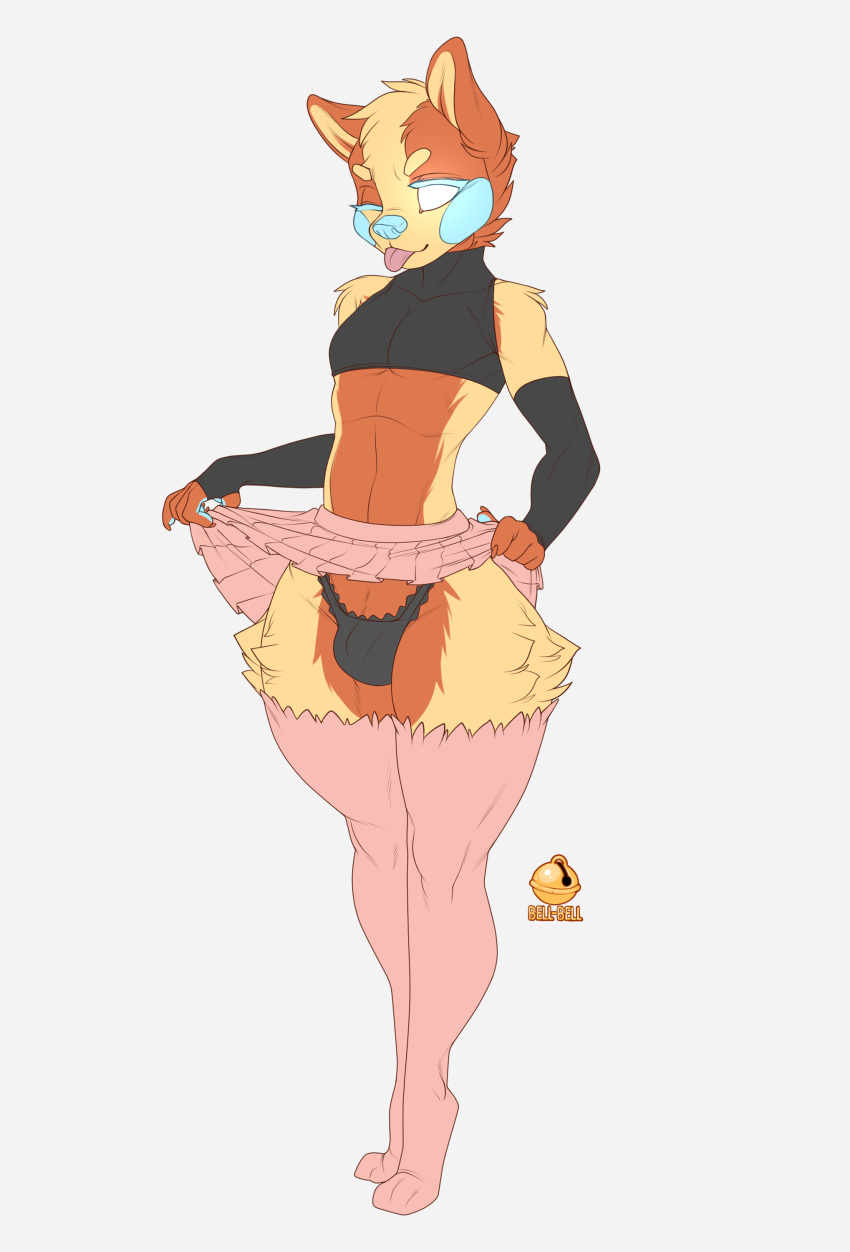 absurd_res anthro bell-bell_(artist) bottomwear canid canine canis clothed clothing clothing_lift digital_media_(artwork) domestic_dog girly hi_res hybrid looking_at_viewer lump male mammal miniskirt simple_background skirt skirt_lift sleeveless_shirt smile solo stoking suky_honshu tomgirl wide_hips