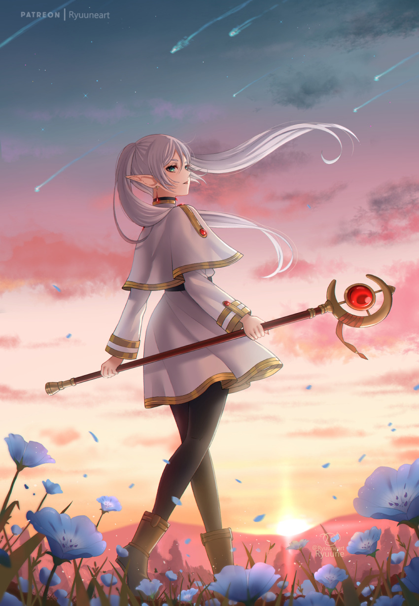 1girl artist_name belt black_belt black_pantyhose blue_flower boots brown_footwear capelet cloud dusk earrings elf english_commentary field floating_hair flower flower_field frieren full_body gem gold_earrings gold_trim green_eyes high_collar highres holding holding_staff jacket jewelry long_hair looking_at_viewer mage_staff meteor_shower outdoors pantyhose parted_bangs patreon_username petals pointy_ears red_gemstone ryuuneart shirt signature skirt skirt_set sky solo sousou_no_frieren staff standing star_(sky) starry_sky sunset twintails twitter_username white_capelet white_hair white_jacket white_shirt white_skirt