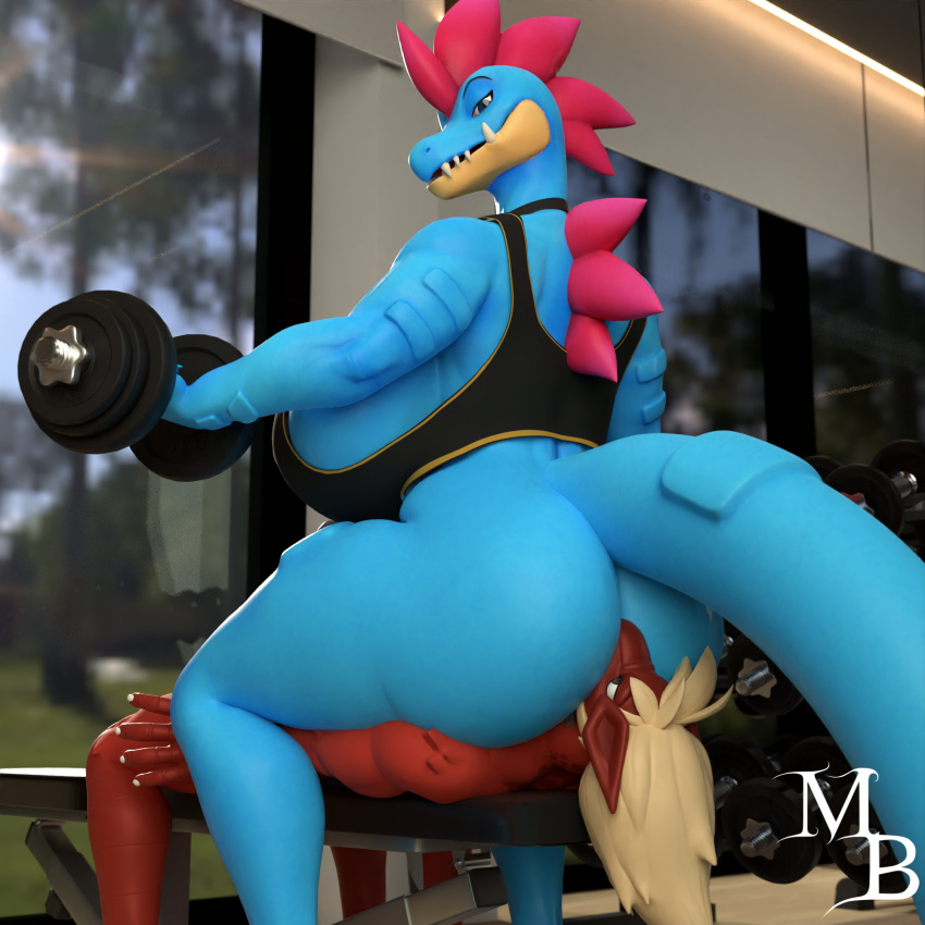 3d_(artwork) anthro anthro_on_anthro big_breasts big_butt bottomless breasts butt clothed clothing digital_media_(artwork) dumbbell exercise facesitting fangs female female_on_top feraligatr generation_2_pokemon gym hi_res huge_breasts male male/female masterbrony nintendo on_top pokemon pokemon_(species) scalie sitting_on_another teeth weightlifting weights workout