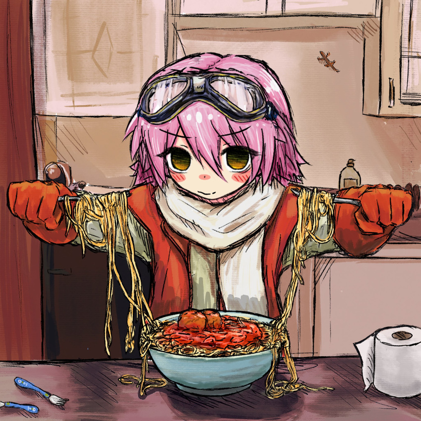 1girl bowl bubbacterial flcl food gloves goggles goggles_on_head haruhara_haruko highres how_bikers_eat_there_sketty_(meme) jacket meatball meme paper_towel pasta pink_hair red_gloves red_jacket scarf sketch solo spaghetti spaghetti_and_meatballs tomato_sauce white_scarf yellow_eyes