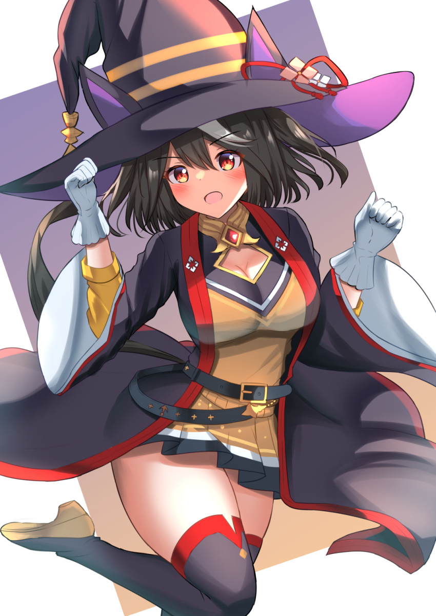 1girl animal_ears black_hair blush borrowed_clothes breasts cleavage clenched_hands commentary_request gloves hair_between_eyes hair_ornament hat highres horse_ears horse_tail kitasan_black_(umamusume) large_breasts leg_up looking_at_viewer red_eyes solo tail thighhighs thighs umamusume witch_hat yuutopia