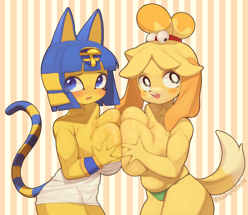 absurd_res animal_crossing ankha_(animal_crossing) anthro bangs bell big_breasts blonde_hair blue_eyes blue_hair breast_squish breasts breasts_frottage canid canine canis clothed clothing domestic_cat domestic_dog duo felid feline felis female female/female hair hi_res huge_breasts isabelle_(animal_crossing) lumpypaca mammal nintendo open_mouth panties squish standing topless underwear uraeus