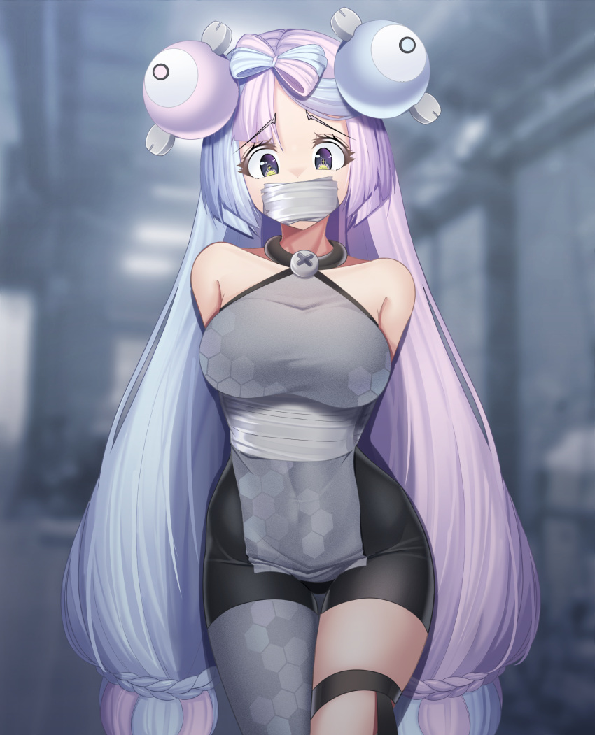 1girl arms_behind_back bare_shoulders bike_shorts blue_hair blurry blurry_background bow-shaped_hair breasts bt_(3212637) character_hair_ornament commentary_request eyelashes gag gagged grey_pantyhose hair_ornament highres improvised_gag iono_(pokemon) long_hair multicolored_hair pantyhose pokemon pokemon_(game) pokemon_sv purple_hair raised_eyebrows single_leg_pantyhose tape tape_gag thigh_strap twintails two-tone_hair