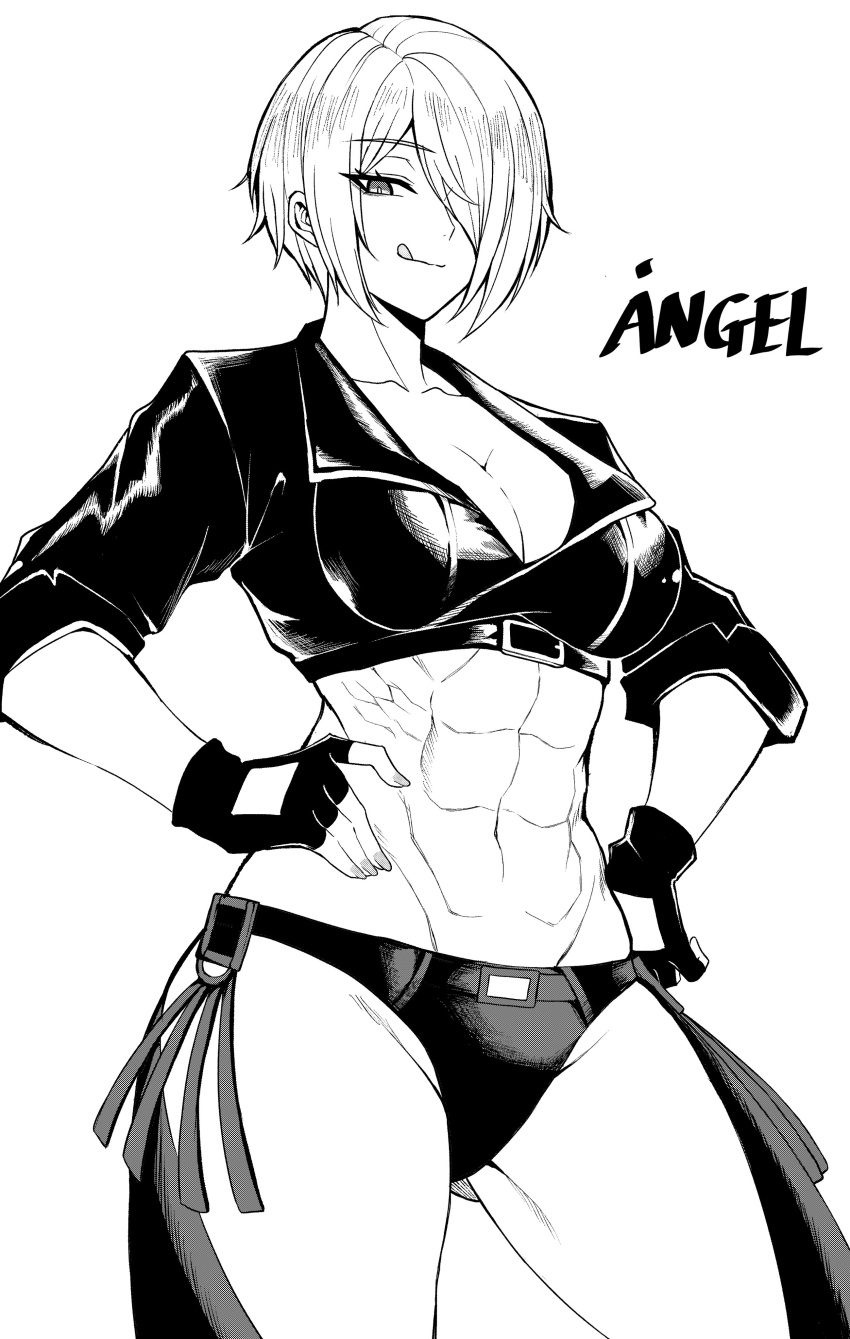 1girl abs absurdres alternate_muscle_size angel_(kof) backless_pants bra breasts chaps cleavage cropped_jacket fingerless_gloves gloves hair_over_one_eye highres jacket large_breasts leather leather_jacket looking_at_viewer midriff muscular muscular_female navel obliques panties pants short_hair simple_background smile snk solo stomach strapless strapless_bra the_king_of_fighters the_king_of_fighters_xiv thick_thighs thighs toned underwear white_hair yones81239278