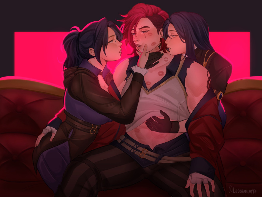 3girls arcane:_league_of_legends arcane_caitlyn arcane_vi artist_name bandaged_hand bandages bare_shoulders black_hair breasts brown_pants caitlyn_(league_of_legends) choker clothes_lift collarbone couch dual_persona eye_contact hand_on_another's_chin highres jacket large_breasts league_of_legends lesbeanlatte lipstick_mark long_sleeves looking_at_another manspreading multiple_girls muscular muscular_female open_clothes open_jacket pants pink_background ponytail red_eyes red_hair red_jacket shirt_lift sleeves_past_wrists smile striped striped_pants teeth vi_(league_of_legends) yuri