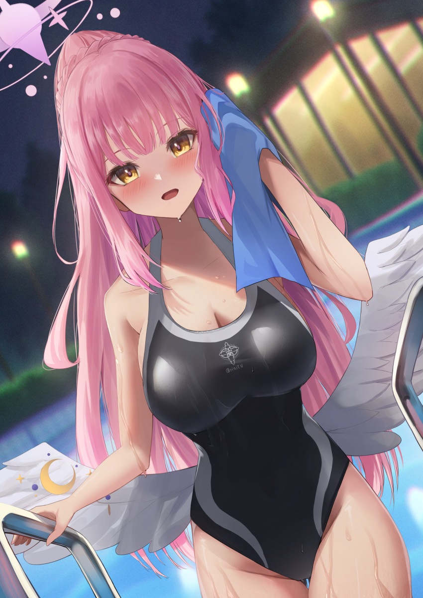 1girl absurdres amane_sora angel_wings bangs bare_arms bare_shoulders black_one-piece_swimsuit blue_archive blue_towel blurry blurry_background blush braid breasts cleavage collarbone competition_swimsuit crescent crown_braid feathered_wings groin halo hand_towel high_ponytail highres large_breasts long_hair looking_at_viewer low_wings mika_(blue_archive) night one-piece_swimsuit open_mouth pink_hair pool pool_ladder solo swimsuit thighs towel white_wings wings yellow_eyes