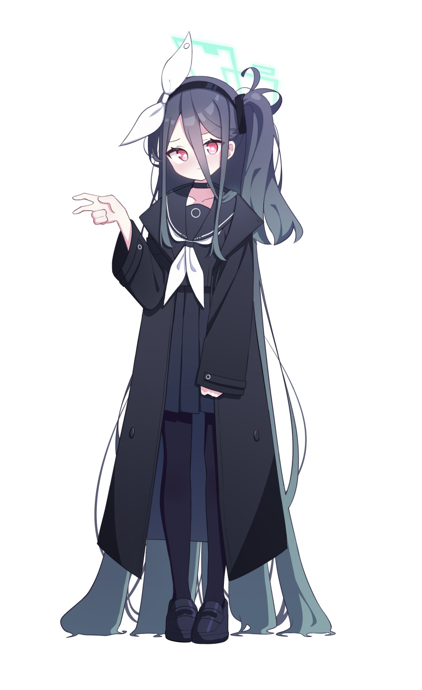 &lt;key&gt;_(blue_archive) 1girl 525_woiwo absurdly_long_hair absurdres black_choker black_coat black_footwear black_hair black_hairband black_pantyhose black_sailor_collar black_serafuku blue_archive blush choker closed_mouth coat cosplay green_halo hairband halo highres long_hair long_sleeves looking_at_viewer neckerchief one_side_up open_clothes open_coat pantyhose plana_(blue_archive) plana_(blue_archive)_(cosplay) red_eyes ringed_eyes sailor_collar school_uniform serafuku shoes solo very_long_hair white_neckerchief