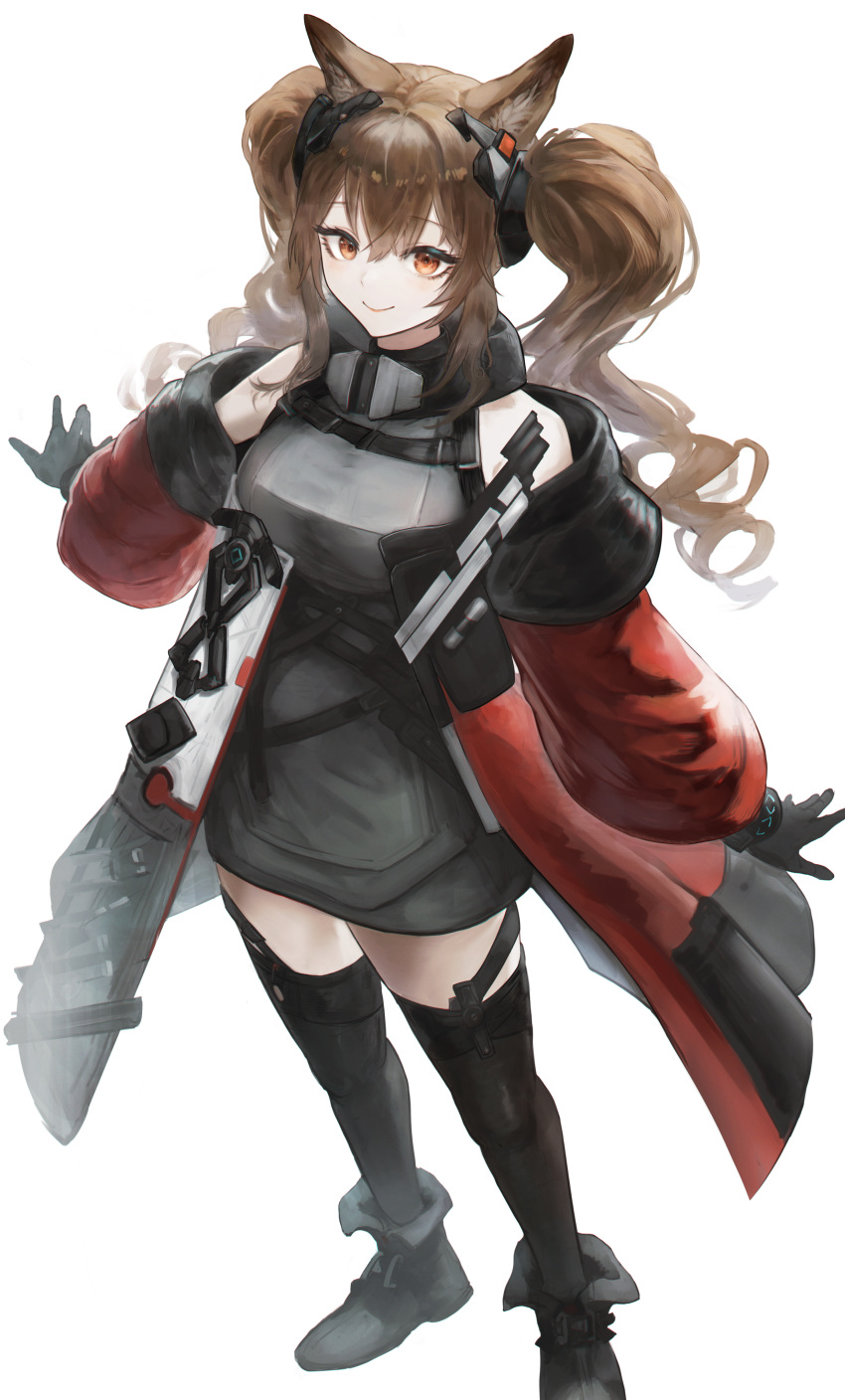 1girl absurdres aiv angelina_(arknights) angelina_(endfield)_(arknights) animal_ears arknights arknights:_endfield black_dress black_footwear black_thighhighs boots brown_hair dress fox_ears fox_girl highres jacket long_sleeves looking_at_viewer off-shoulder_jacket off_shoulder open_clothes open_jacket orange_eyes red_jacket simple_background solo thighhighs twintails white_background