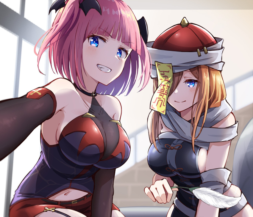 &gt;:) 2girls alternate_costume bare_shoulders bat_hair_ornament belt black_belt black_choker black_gloves black_shirt blue_eyes blunt_bangs blurry blurry_background breasts bright_pupils brown_hair choker cleavage closed_mouth commentary elbow_gloves eyelashes fang feathers garter_straps gloves go-toubun_no_hanayome grin hair_ornament hair_over_one_eye halloween highres holding holding_feather hyoe_(hachiechi) imminent_tickling indoors jiangshi large_breasts light_blush long_hair looking_at_viewer medium_hair multiple_girls nakano_miku nakano_nino navel one_side_up pink_hair pov red_headwear red_shorts shirt shorts siblings sideboob sidelocks sisters sitting sleeveless sleeveless_shirt smile straight_hair teeth twins v-shaped_eyebrows vampire white_pupils