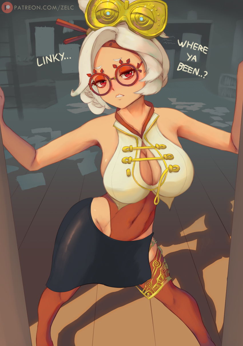 1girl artist_name bare_shoulders black_skirt breasts cleavage cleavage_cutout clothing_cutout english_text glasses highleg highleg_leotard highres large_breasts leotard linea_alba looking_at_viewer parted_lips patreon_logo patreon_username pov_doorway purah red-framed_eyewear red_eyes red_leotard red_thighhighs round_eyewear shadow shirt skirt sleeveless sleeveless_shirt solo standing the_legend_of_zelda the_legend_of_zelda:_tears_of_the_kingdom thighhighs web_address white_hair zelc-face