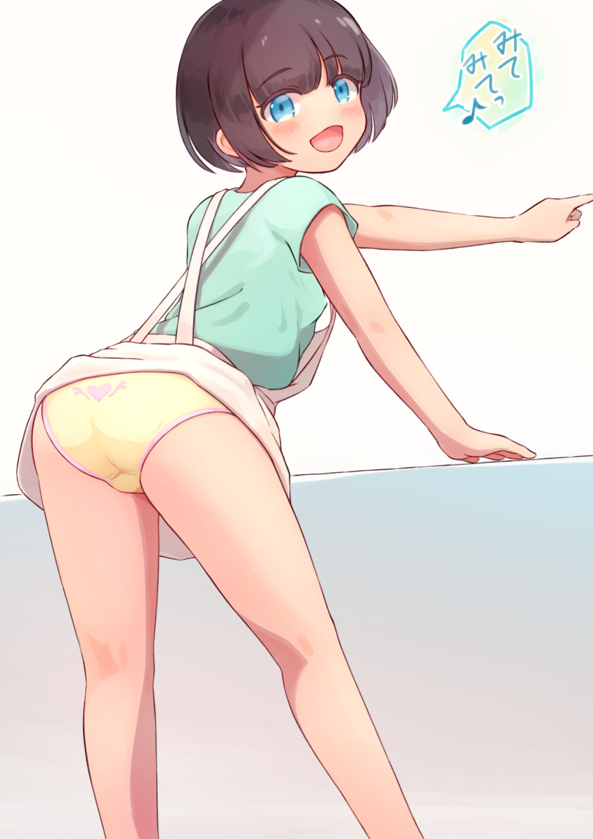 1girl ass back-print_panties black_hair blue_eyes bob_cut commentary crotch_seam eighth_note from_behind green_shirt heart heart_print highres kai_ooo1 leaning_forward looking_at_viewer looking_back miniskirt musical_note open_mouth original panties pointing print_panties shirt short_hair short_sleeves skirt smile solo standing suspender_skirt suspenders t-shirt underwear wardrobe_malfunction white_skirt yellow_panties