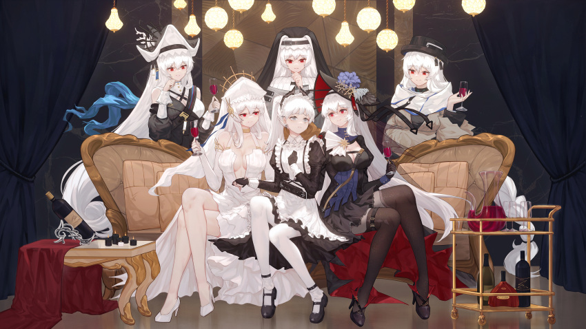 6+girls absurdres alcohol alternate_costume apron arknights black_dress black_footwear black_gloves black_headwear black_thighhighs bottle breasts candle center_opening cleavage closed_mouth coif commentary couch crossed_legs cup dress drinking_glass earrings elbow_gloves enmaided facing_viewer fingerless_gloves flower frilled_apron frilled_hairband frills gloves grey_hair habit hairband hand_on_own_chin hat hat_flower high_heels highres holding holding_cup indoors irene_(arknights) irene_(voyage_of_feathers)_(arknights) jewelry juliet_sleeves long_hair long_sleeves looking_at_another maid mary_janes multiple_girls nun official_alternate_costume on_couch pantyhose puffy_sleeves red_eyes sflr shoes sitting specter_(arknights) specter_the_unchained_(arknights) specter_the_unchained_(born_as_one)_(arknights) thighhighs very_long_hair white_apron white_dress white_footwear white_gloves white_hair white_headwear white_pantyhose wine wine_bottle wine_glass