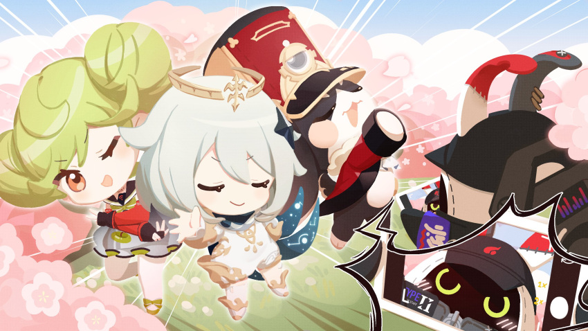 1boy 2girls ai-chan_(honkai_impact) bare_legs chibi commentary_request full_body genshin_impact green_hair halo highres honkai:_star_rail honkai_(series) honkai_impact_3rd looking_at_viewer multiple_girls one_eye_closed open_hand open_mouth orange_eyes outstretched_arm paimon_(genshin_impact) pom-pom_(honkai:_star_rail) red_headwear skirt smile v-shaped_eyebrows white_hair white_skirt zzz_typeii