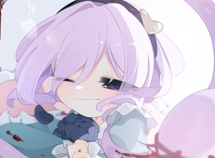 1girl ;) bloom blue_shirt blurry blush closed_mouth depth_of_field eyes_visible_through_hair food gotamashii hair_ornament hairband half-closed_eye heart heart_hair_ornament komeiji_satori looking_at_viewer lying on_stomach one_eye_closed overexposure pastry perspective purple_eyes purple_hair shirt short_hair sidelighting smile solo third_eye touhou