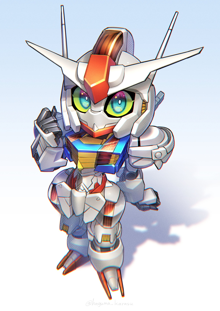 absurdres blue_eyes chibi clenched_hands commentary full_body gradient_background gundam gundam_aerial gundam_suisei_no_majo hand_up highres kinako_(karasu_nomaru) looking_at_viewer mecha mobile_suit no_humans robot science_fiction sd_gundam shadow solo standing star_(symbol) stippling_(texture) twitter_username v-fin