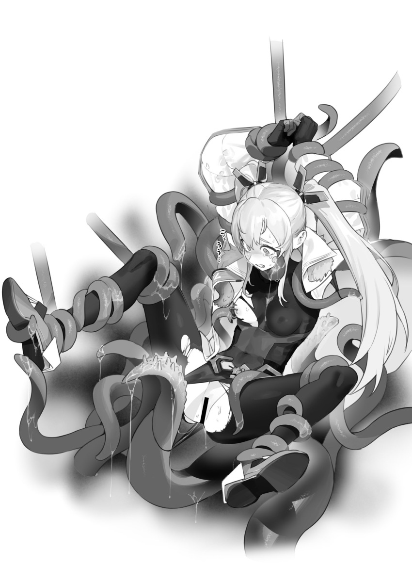 1girl bandaid bandaid_on_cheek bandaid_on_face bar_censor bodysuit bound bound_arms bound_legs breasts censored clenched_teeth coat constricted_pupils covered_navel fur_collar goddess_of_victory:_nikke greyscale highres imminent_penetration imminent_rape imminent_vaginal laplace_(nikke) long_hair mameojitan monochrome monster nipples restrained scared sidelocks small_breasts solo_focus spread_legs sweat tearing_up teeth tentacles torn_bodysuit torn_clothes turn_pale twintails