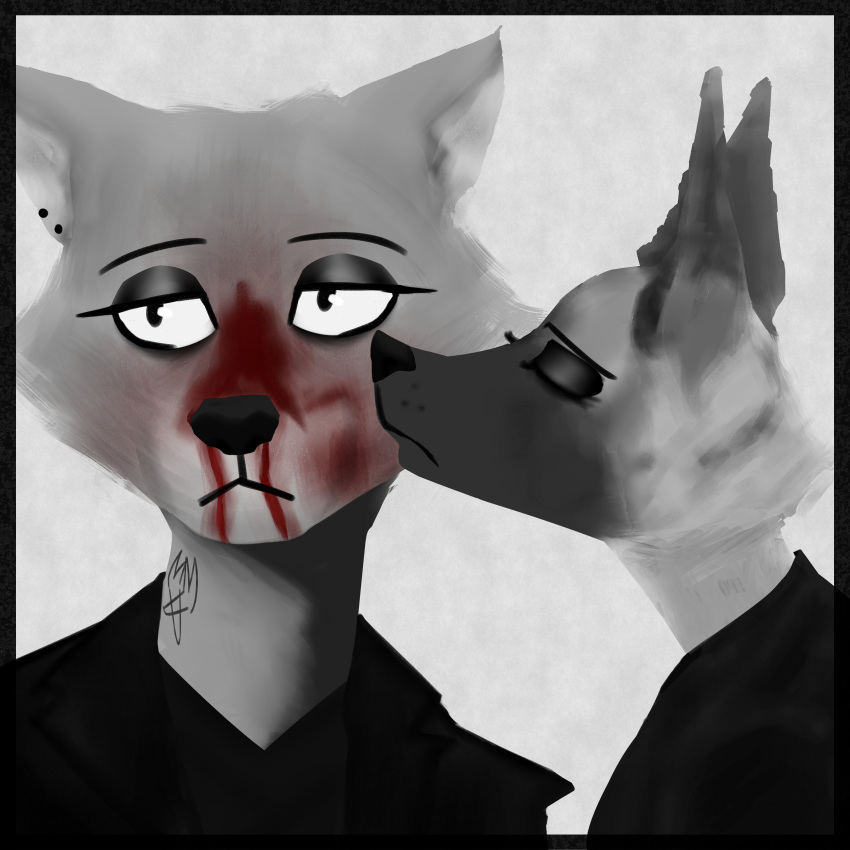 1:1 2022 absurd_res ace_halley adlerokonma animal_conquest animal_humanoid anthro black_and_grey black_and_white blood bodily_fluids bust_portrait canid canine canis car_seat_headrest cattledog clothed clothing digital_drawing_(artwork) digital_media_(artwork) digital_painting_(artwork) domestic_dog duo ear_piercing eyeliner eyes_closed eyeshadow female goth greyscale herding_dog hi_res humanoid jacket kissing kissing_cheek looking_at_viewer looking_away makeup male male/female mammal margot_howe mascara monochrome nosebleed pastoral_dog piercing portrait shaded simple_background tattoo topwear twin_fantasy wolf worried_look