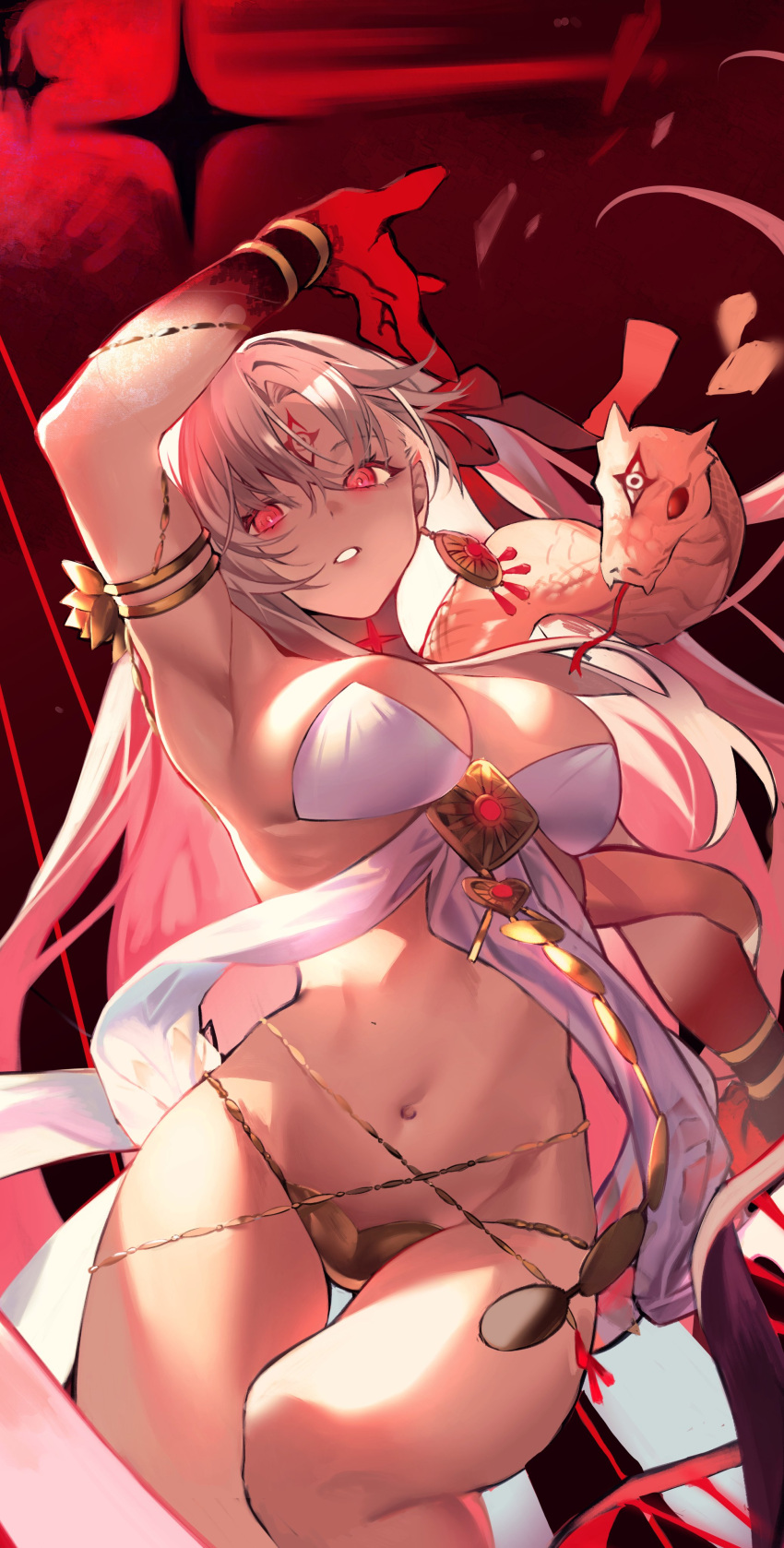 1girl absurdres arm_up armlet armpits bare_shoulders belly_chain body_markings bracelet breasts cleavage colored_skin durga_(fate) earrings facial_mark fate/grand_order fate_(series) forehead_mark gradient_skin grey_hair hair_ribbon highres hiro_(hirohiro_gorira) jewelry large_breasts long_hair looking_to_the_side pelvic_curtain red_eyes red_skin revealing_clothes ribbon sash snake solo thighs very_long_hair