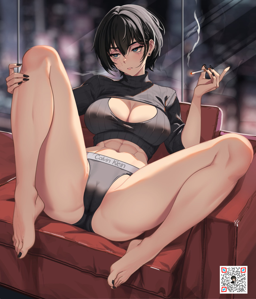 1girl abs bare_legs barefoot black_hair black_panties black_sweater blowing_smoke blue_eyes breasts bright_pupils calvin_klein cameltoe cigarette cleavage cleavage_cutout clothing_cutout commentary couch earrings english_commentary feet fingernails hair_between_eyes highres holding holding_cigarette indoors jewelry kuso_otoko large_breasts legs long_fingernails looking_to_the_side m_legs nail_polish navel no_pants on_couch original panties parted_lips qr_code ribbed_sweater runny_makeup short_hair sitting sleeves_past_elbows smoke solo spread_legs stud_earrings sweater teeth thighs toenail_polish toenails toes toned turtleneck turtleneck_sweater underwear white_pupils window