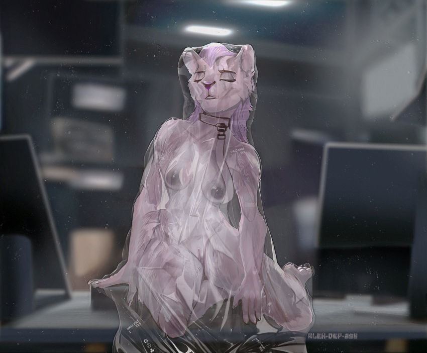 alex-dep-998 android anthro felid feline female hi_res inside machine mammal plastic robot solo trash unknown_artist