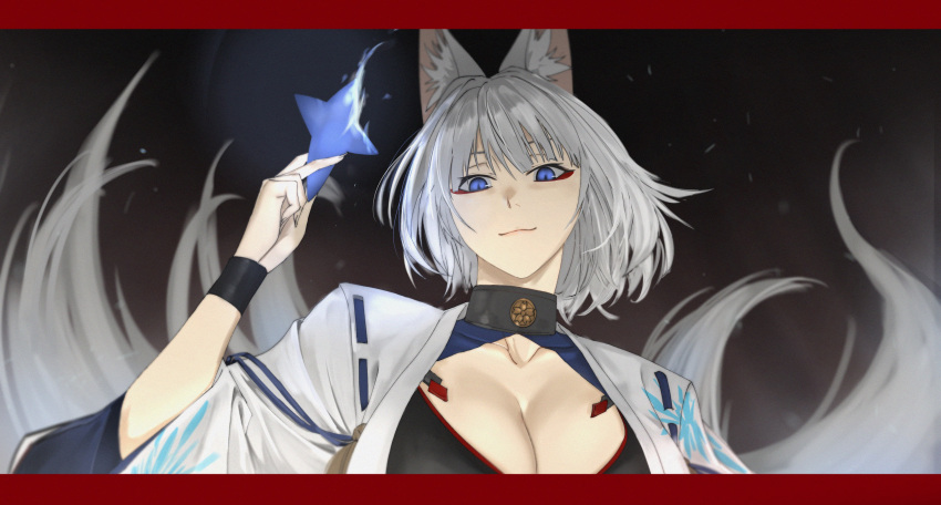 1girl absurdres akizuki_(17769498) animal_ears azur_lane blue_eyes breasts cleavage cleavage_cutout clothing_cutout eyeshadow fire fox_ears fox_girl fox_tail hand_up highres japanese_clothes kaga_(azur_lane) kimono kitsune large_breasts looking_at_viewer looking_down makeup medium_breasts medium_hair paper_airplane print_kimono red_eyeshadow slit_pupils smug solo tail upper_body white_hair white_kimono