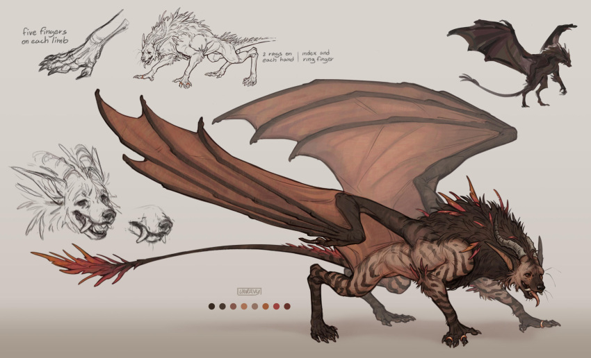 2_horns all_fours ambiguous_gender brown_body brown_fur brown_tail brown_wings feral fur grey_horn hi_res horn long_tail membrane_(anatomy) membranous_wings model_sheet monster simple_background sketch solo tail tongue tongue_out unravy white_background wings