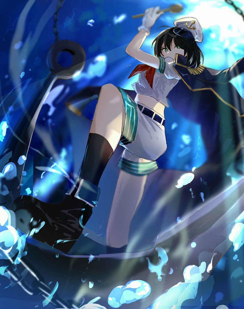 1girl anchor anchor_symbol belt black_coat black_footwear black_hair black_socks chain coat coat_on_shoulders gloves green_eyes hat highres hishaku midriff murasa_minamitsu neckerchief red_neckerchief sailor_hat shirt shoes short_hair shorts socks solo touhou wamaru water white_gloves white_headwear white_shirt white_shorts