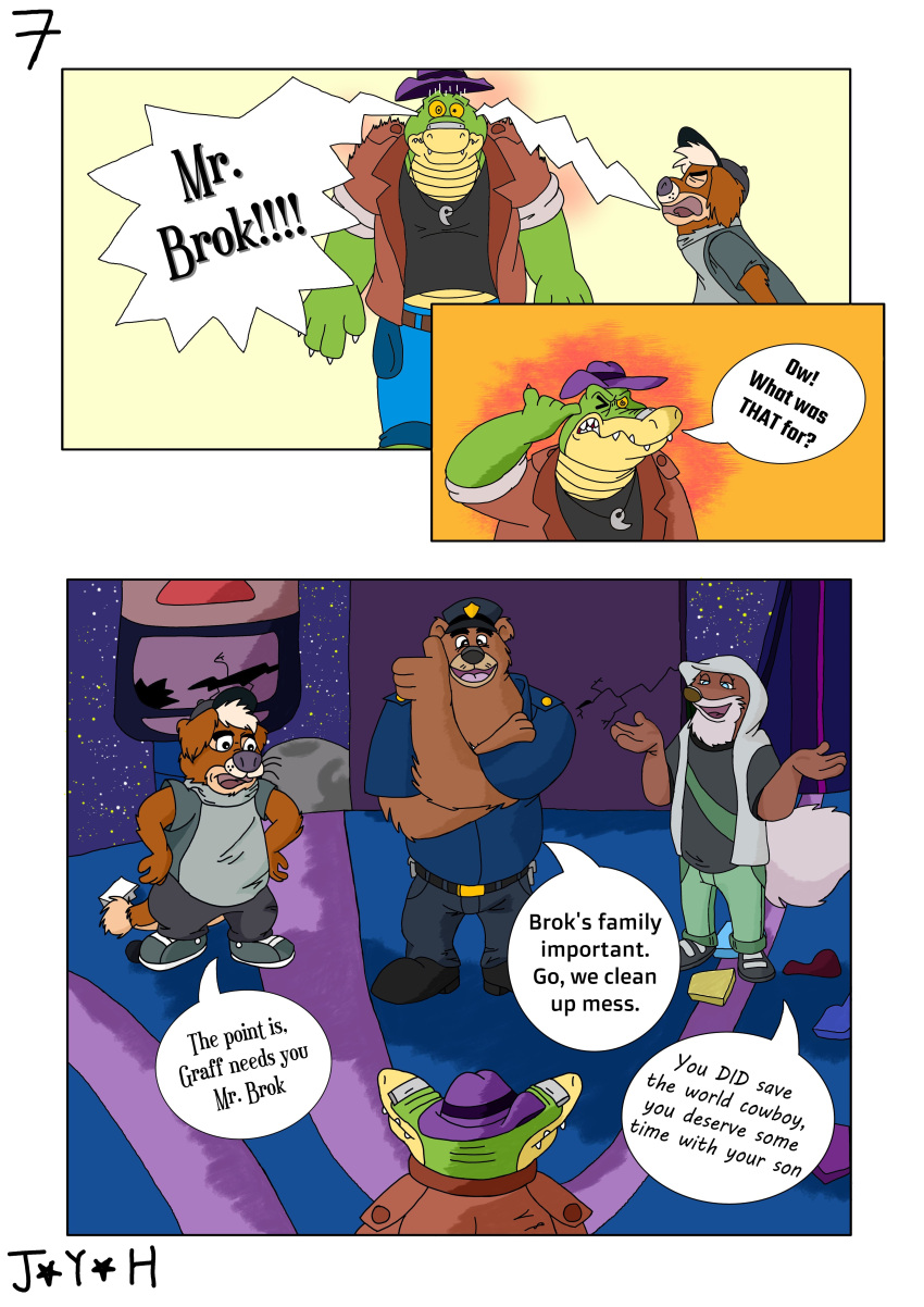 2023 absurd_res anthro bear bottomwear brok_(character) brok_the_investigator brown_body canid canine clothing comic dee_(brok_the_investigator) dialogue english_text eyes_closed green_body group hat headgear headwear hi_res hoodie humanoid_hands hybrid mammal mustelid ott_(brok_the_investigator) otter outside pants r.j._(brok_the_investigator) shirt slightly_chubby suid suina text topwear warthog yames_the_hopeful yelling