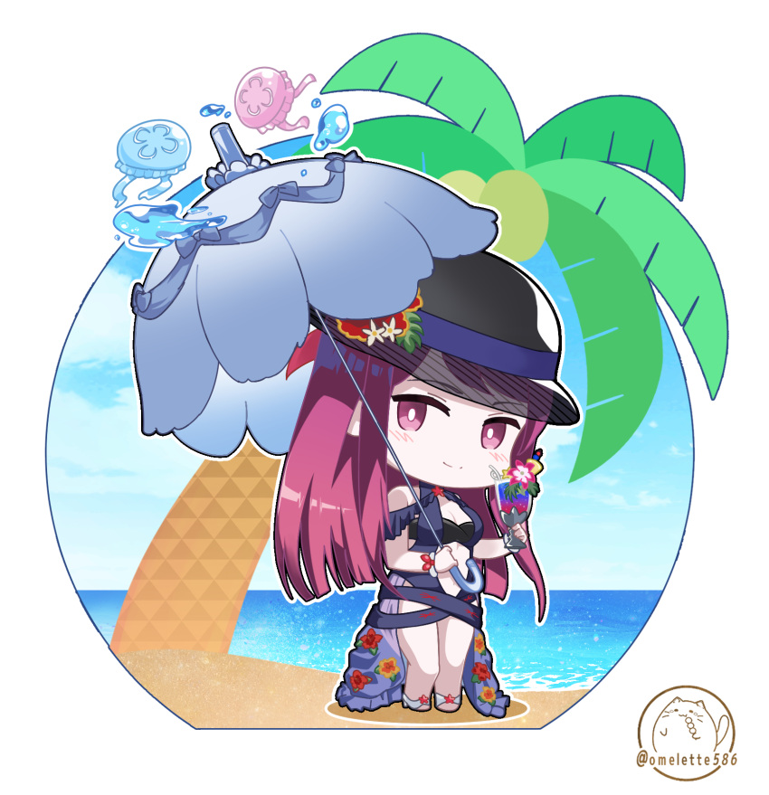 1girl beach black_headwear blue_one-piece_swimsuit chibi cocktail_glass cup drink drinking_glass fire_emblem fire_emblem_engage fire_emblem_heroes flower glass highres holding ivy_(fire_emblem) ivy_(summer)_(fire_emblem) komurice long_hair looking_at_viewer ocean official_alternate_costume one-piece_swimsuit palm_tree parasol purple_eyes purple_hair swimsuit tree umbrella