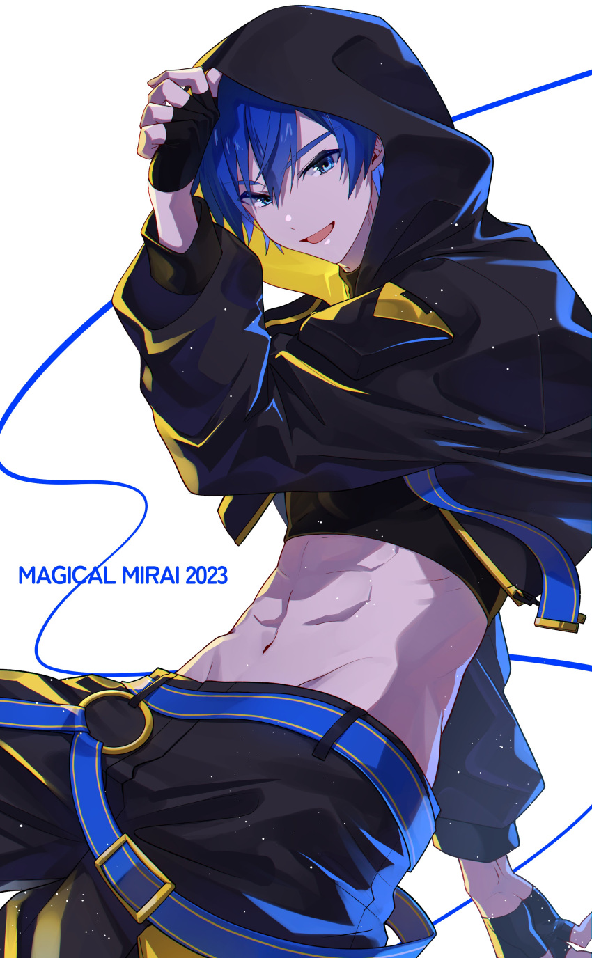 1boy absurdres adjusting_hood arm_up black_gloves blue_eyes blue_hair fingerless_gloves gloves highres hood hood_up hooded_jacket jacket kaito_(vocaloid) long_sleeves looking_at_viewer male_focus midriff navel open_mouth parang_99 short_hair solo translation_request vocaloid white_background