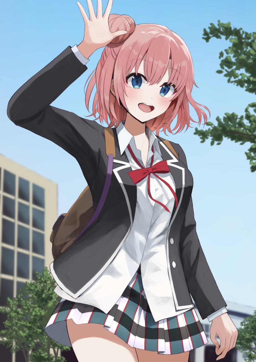 1girl :d backpack bag black_jacket blazer blue_eyes blue_sky brown_hair building collared_shirt commentary_request day hair_bun highres jacket kashiiyou long_sleeves looking_at_viewer neck_ribbon open_mouth outdoors pink_hair plaid plaid_skirt pleated_skirt red_ribbon ribbon school_uniform shirt short_hair single_side_bun skirt sky smile sobu_high_school_uniform solo teeth tree upper_teeth_only waving white_shirt winter_uniform yahari_ore_no_seishun_lovecome_wa_machigatteiru. yuigahama_yui