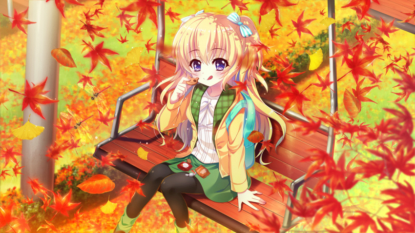 1girl aqua_bag autumn autumn_leaves backpack bag bench black_leggings blonde_hair bow breasts bug candy cookie dot_nose dragonfly film_grain food from_above game_cg green_footwear green_jacket green_skirt hasegawa_mii holding holding_cookie holding_food izumi_tsubasu jacket leaf leggings licking_lips long_hair multicolored_clothes multicolored_jacket non-web_source official_art outdoors park_bench plaid plaid_jacket pole purple_eyes re:stage! shirt skirt small_breasts smile solo sparkling_eyes striped striped_bow swing tongue tongue_out two_side_up white_shirt wooden_bench yellow_jacket
