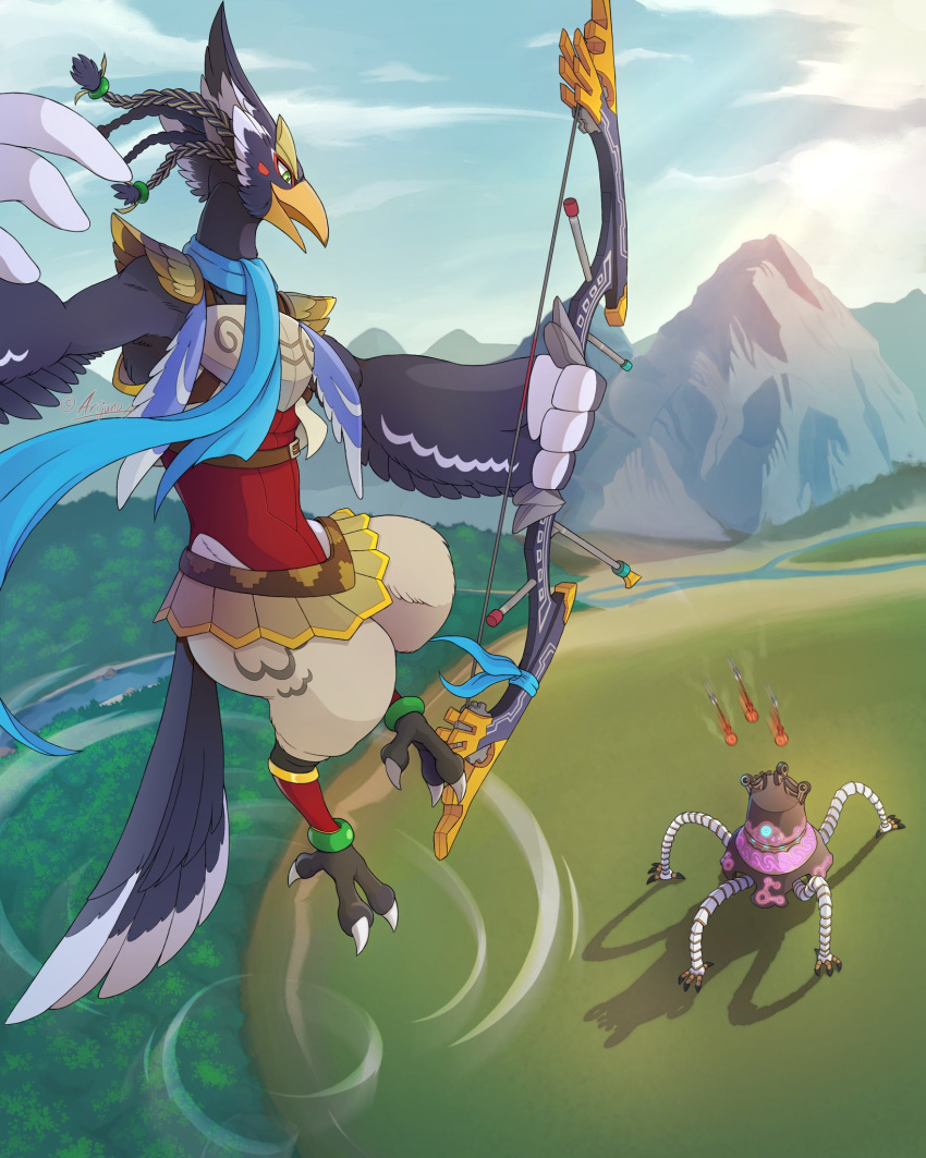 ambiguous_gender animal_humanoid arijuno arrow_(weapon) avian avian_humanoid bow_(weapon) breath_of_the_wild fight flying guardian_(zelda) guardian_stalker hi_res humanoid looking_down male mountain nintendo ranged_weapon revali rito river the_legend_of_zelda weapon