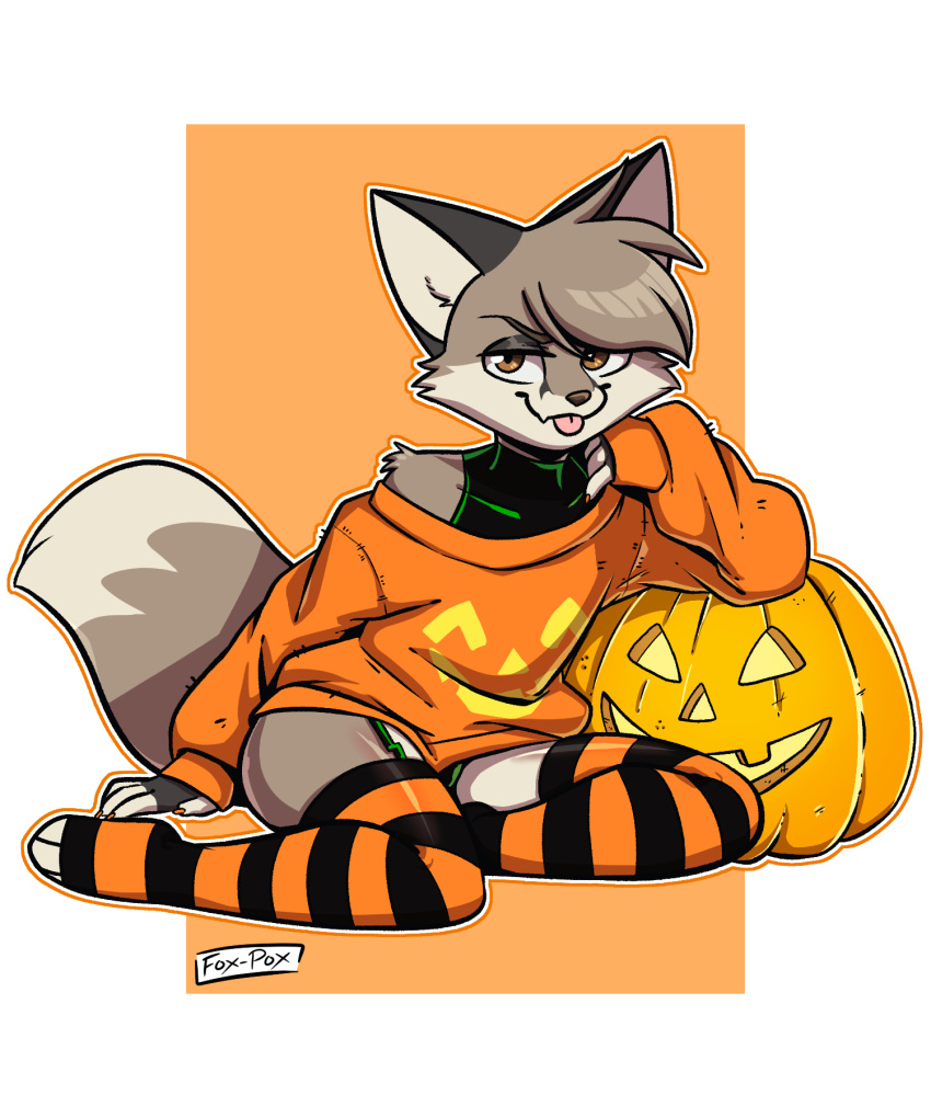 anthro brown_eyes canid canine canis clothed clothing digital_drawing_(artwork) digital_media_(artwork) food fox fruit girly hair halloween hi_res holidays jack-o'-lantern legwear looking_at_viewer male mammal off_shoulder pattern_clothing pattern_legwear plant pumpkin simple_background smile solo stockings striped_clothing striped_legwear stripes sweater tail text tongue tongue_out topwear ziggy_fox