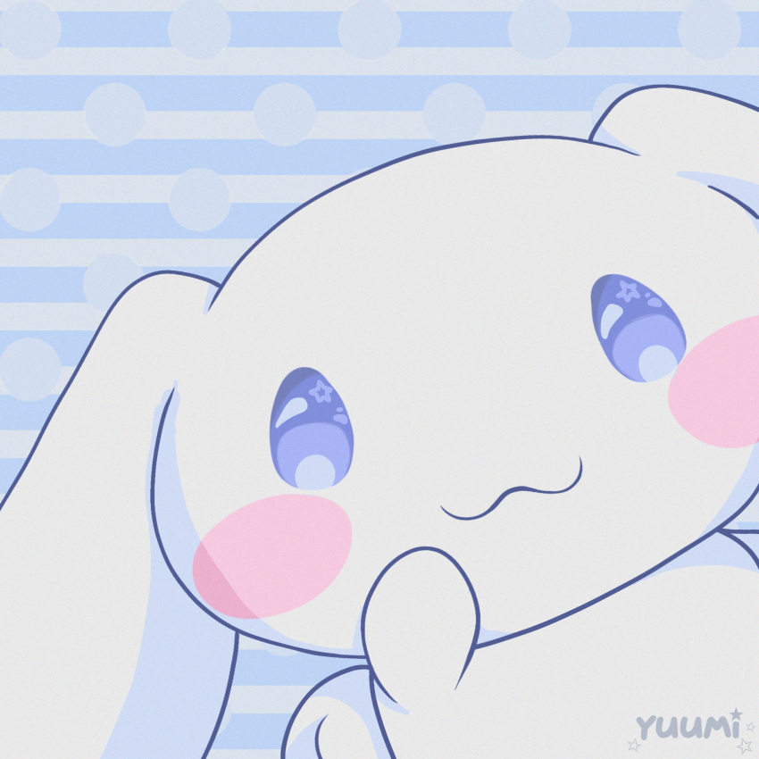 :3 animal_focus artist_name blue_background blue_eyes blush_stickers cinnamoroll commentary dog highres no_humans no_nose polka_dot polka_dot_background sanrio solo star_(symbol) star_in_eye striped striped_background sumire_yuumi symbol_in_eye white_dog