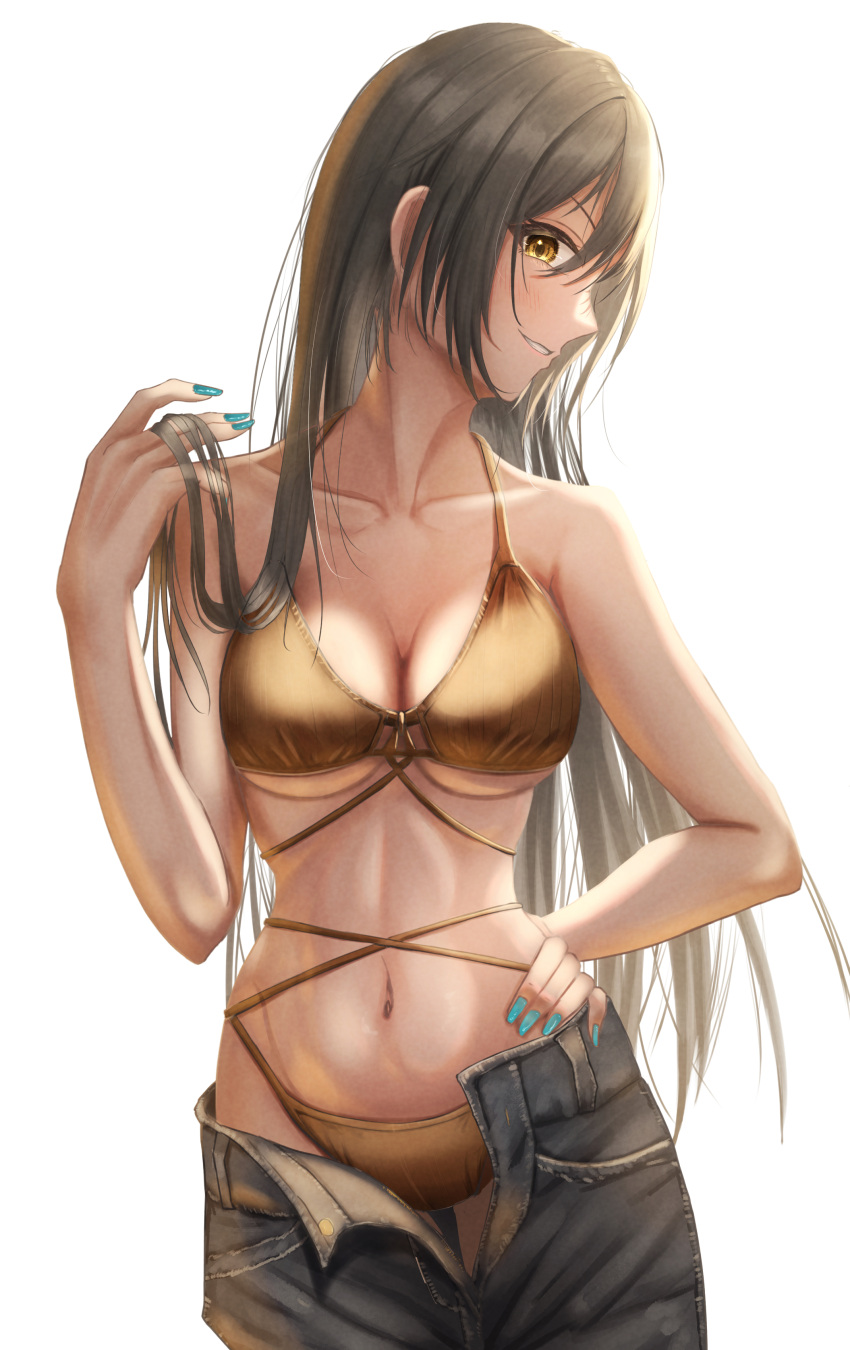 1girl absurdres bikini bikini_under_clothes black_hair black_shorts blue_nails breasts brown_bikini closed_mouth clothes_pull cowboy_shot denim denim_shorts hand_in_own_hair hand_on_own_hip head_tilt highres idolmaster idolmaster_shiny_colors long_hair looking_at_viewer medium_breasts misanga_(hxjd5354) multi-strapped_bikini nail_polish navel open_fly shirase_sakuya shorts shorts_pull simple_background smile solo standing swimsuit very_long_hair white_background yellow_eyes