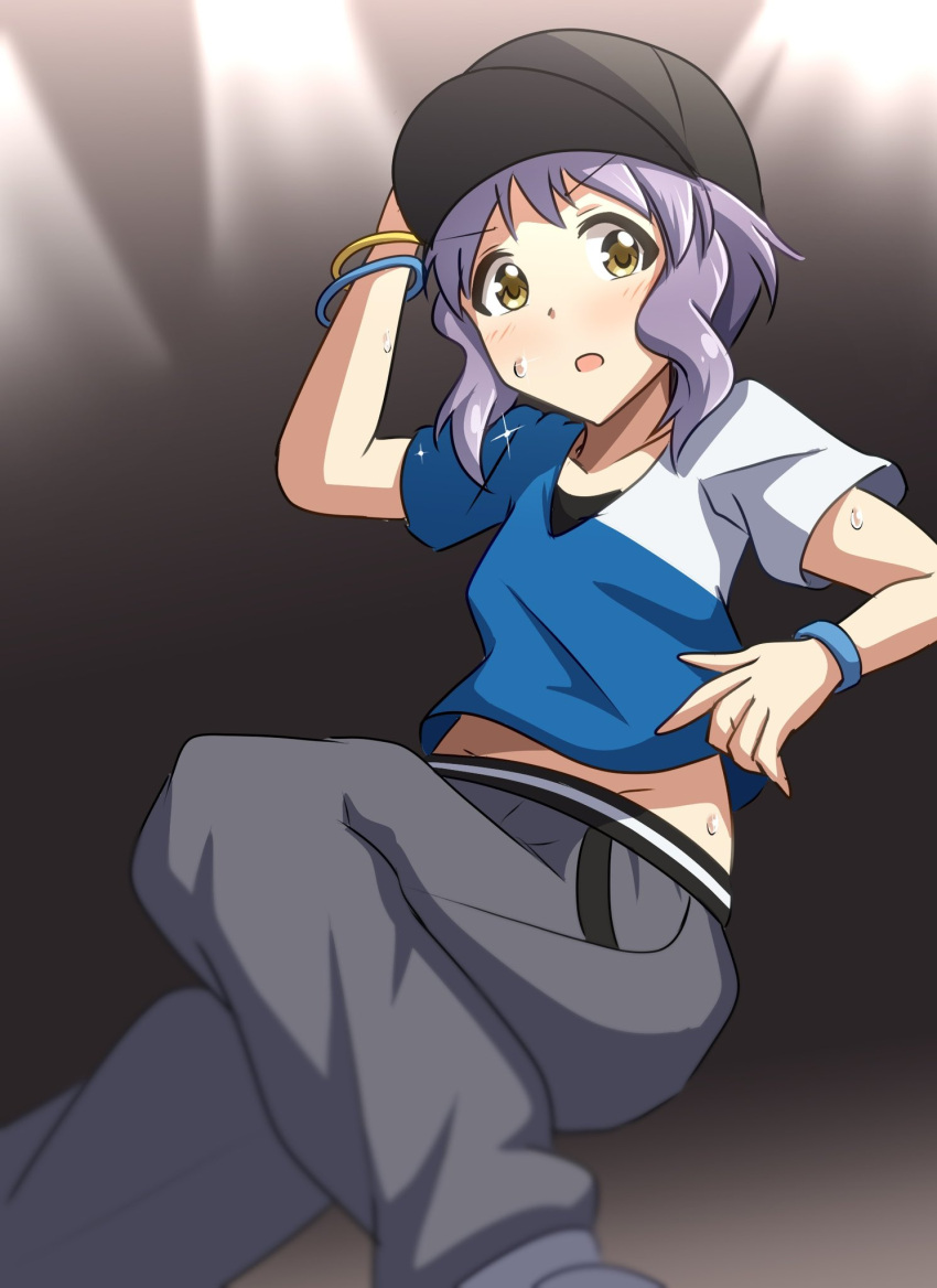 1girl black_background black_headwear black_pants blue_shirt blue_wristband breakdance commentary dancing hand_up hat highres idolmaster idolmaster_million_live! idolmaster_million_live!_theater_days makabe_mizuki otospus pants purple_hair shirt short_hair short_sleeves sidelocks solo stage_lights sweat t-shirt wavy_hair