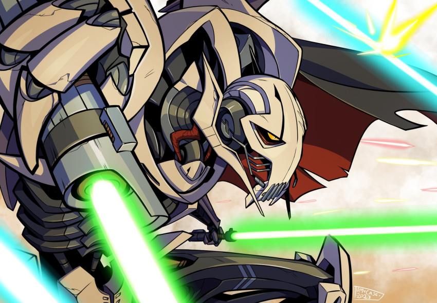 1boy 2023 alien artist_name black_cape cape colored_sclera cyborg energy_sword foreshortening general_grievous highres holding holding_sword holding_weapon hunched_over laser lightsaber looking_ahead male_focus science_fiction solo star_wars sword tomycase weapon yellow_sclera