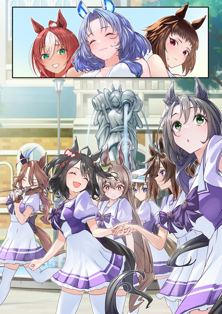 6+girls blue_eyes breasts cheval_grand_(umamusume) closed_eyes commentary_request copano_rickey_(umamusume) duramente_(umamusume) fountain hair_between_eyes hair_ornament hat hiding highres hishi_miracle_(umamusume) holding_hands horse_girl instrument kitasan_black_(umamusume) leg_up long_hair looking_up medium_breasts multiple_girls nabe_puyo red_hair satono_crown_(umamusume) satono_diamond_(umamusume) school_uniform smile thighhighs tracen_school_uniform umamusume violin