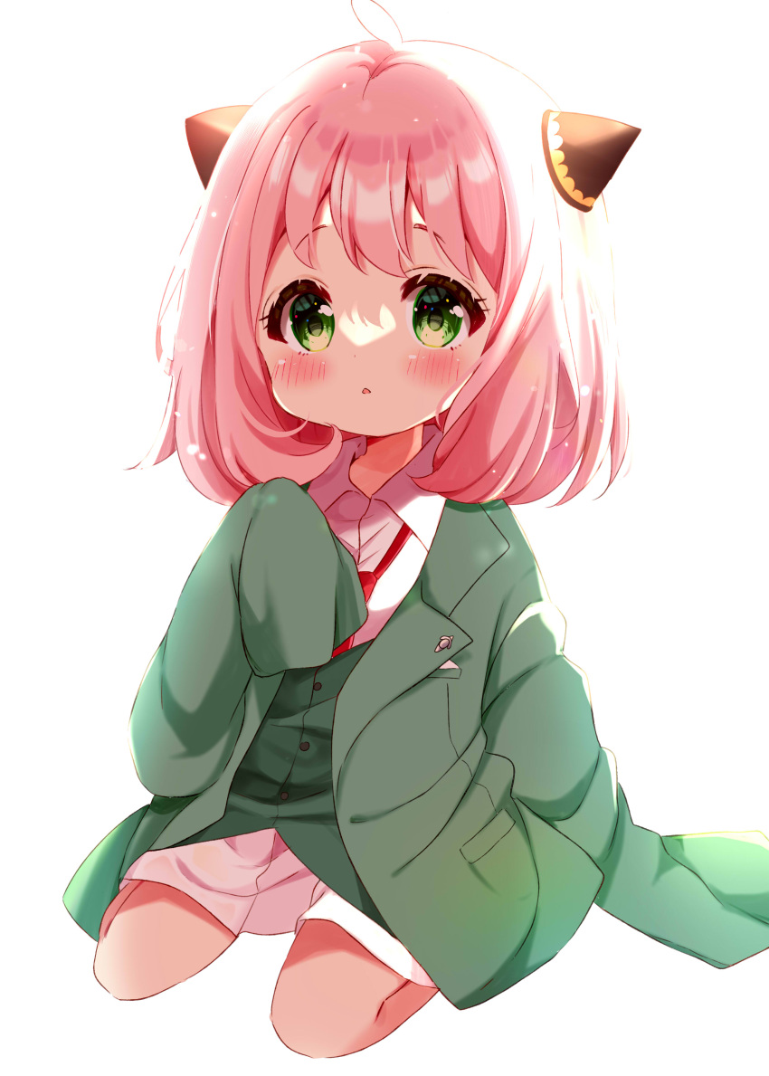 1girl :o absurdres ahoge anya_(spy_x_family) backlighting blush buttons chestnut_mouth child collared_shirt commentary_request cone_hair_bun double_bun eyelashes full_body green_eyes green_jacket green_vest hair_between_eyes hair_bun hairpods hand_up highres jacket kiyo_(yamazoe1122) lapel_pin lapels light_particles long_sleeves looking_at_viewer medium_hair necktie open_clothes open_jacket open_mouth oversized_clothes pink_hair red_necktie shirt sidelocks simple_background sitting sleeves_past_fingers sleeves_past_wrists solo spy_x_family vest white_background white_shirt wing_collar