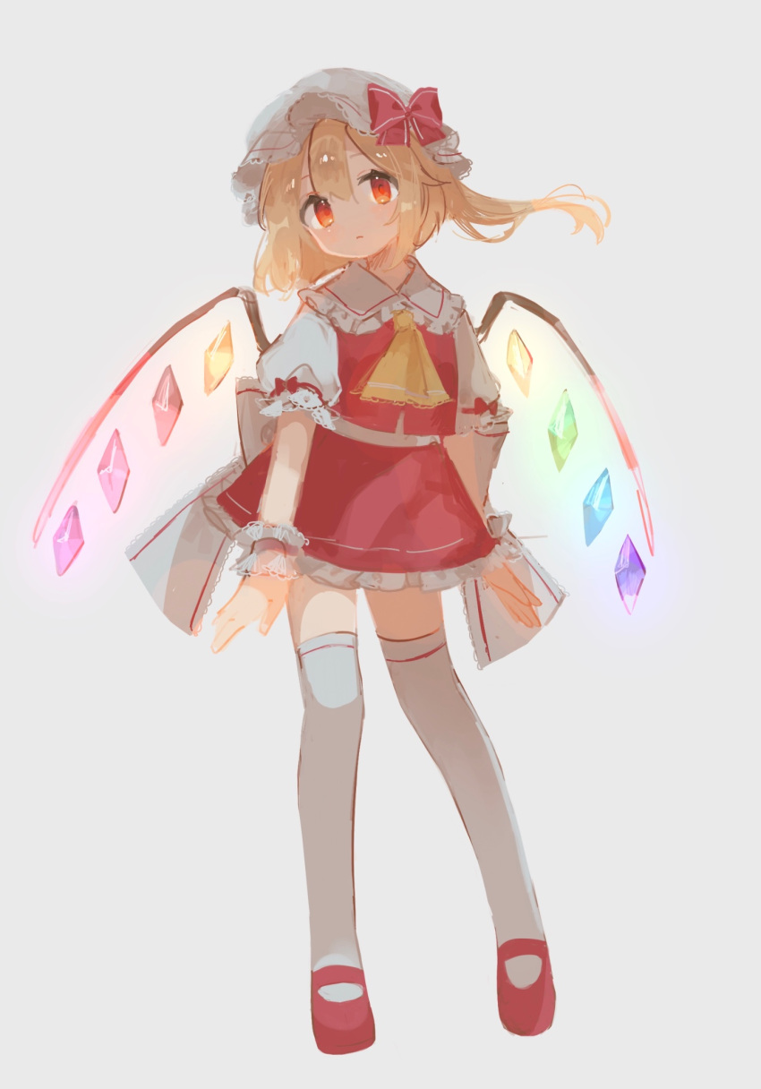 1girl ascot blonde_hair chicachang collared_shirt flandre_scarlet frilled_skirt frilled_sleeves frills full_body glowing glowing_eyes glowing_wings grey_background hat hat_ribbon highres looking_at_viewer mary_janes miniskirt mob_cap one_side_up red_eyes red_footwear red_ribbon red_skirt red_vest ribbon shirt shoes short_hair skirt thighhighs touhou vest white_headwear white_thighhighs wings wrist_cuffs yellow_ascot