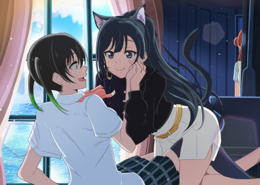 3girls animal_ears belt black_eyes black_hair black_thighhighs blue_shirt blue_skirt braid braided_bun breasts cat_ears cat_tail closed_mouth collared_shirt earrings fake_animal_ears gradient_hair green_eyes hair_bun hair_ornament hairclip hand_on_another's_cheek hand_on_another's_face highres holding_hands indoors jewelry long_hair long_sleeves looking_at_another love_live! love_live!_nijigasaki_high_school_idol_club medium_breasts medium_hair miniskirt multicolored_hair multiple_girls neck_ribbon nijigasaki_academy_school_uniform on_person open_mouth out_of_frame plaid plaid_skirt pleated_skirt ponytail red_ribbon ribbon school_uniform shirt short_sleeves sidelocks single_side_bun skirt streaked_hair summer_uniform sweat sweater_vest tail takasaki_yuu thighhighs twintails uehara_ayumu white_skirt yellow_belt yellow_sweater_vest yumel_lot yuri yuuki_setsuna_(love_live!) zettai_ryouiki