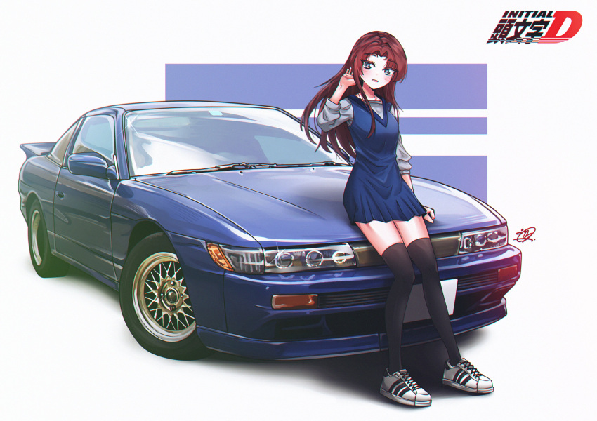 1girl absurdres adidas adidas_superstar black_thighhighs blue_dress blush breasts brown_hair car copyright_name dress grey_shirt hand_in_own_hair head_tilt highres initial_d logo long_hair long_sleeves medium_breasts mizzterbii motor_vehicle nissan nissan_180sx nissan_s13_silvia nissan_sileighty nissan_silvia on_vehicle parted_bangs satou_mako shadow shirt signature sitting smile solo sports_car thighhighs vehicle_focus