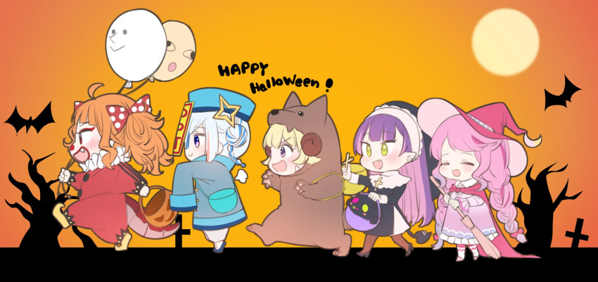 5girls :d ahoge amane_kanata animal_costume balloon basket blonde_hair blush braid broom cape chibi closed_eyes clown colored_inner_hair cosplay cross demon_girl demon_tail dragon_girl dragon_tail fang from_side full_body green_eyes hair_bun halo happy_halloween hat highres himemori_luna holding holding_balloon holding_basket holding_broom holding_cross hololive isuka jiangshi_costume kigurumi kiryu_coco long_hair multicolored_hair multiple_girls nun ofuda orange_background orange_hair pink_hair pointy_ears purple_hair qing_guanmao red_cape ryoushi_chicken_soup_grass_big_chungus sleeves_past_fingers sleeves_past_wrists smile tail tokoyami_towa tsunomaki_watame twin_braids twintails very_long_hair virtual_youtuber walking white_hair witch_hat wolf_costume