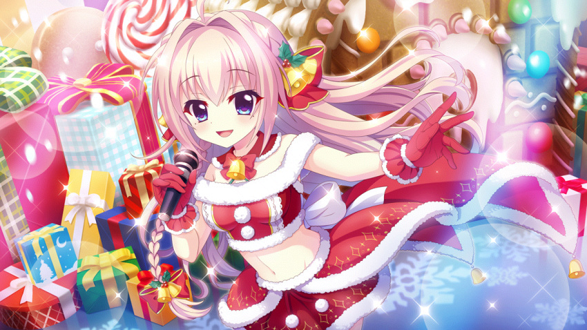 1girl ahoge bell blonde_hair blue_eyes blue_hair bow box braid candy concert crop_top crown_braid dot_nose film_grain food fur-trimmed_skirt fur_trim game_cg gift gift_box gingerbread_house gloves groin hair_bell hair_bow hair_intakes hair_ornament holding holding_microphone izumi_tsubasu lens_flare lollipop long_hair looking_at_viewer microphone midriff mole mole_under_each_eye mole_under_eye navel non-web_source official_art open_mouth outstretched_arm re:stage! red_bow red_gloves red_skirt shiratori_amaha_(re:stage!) skirt smile snowflakes solo sparkle stage