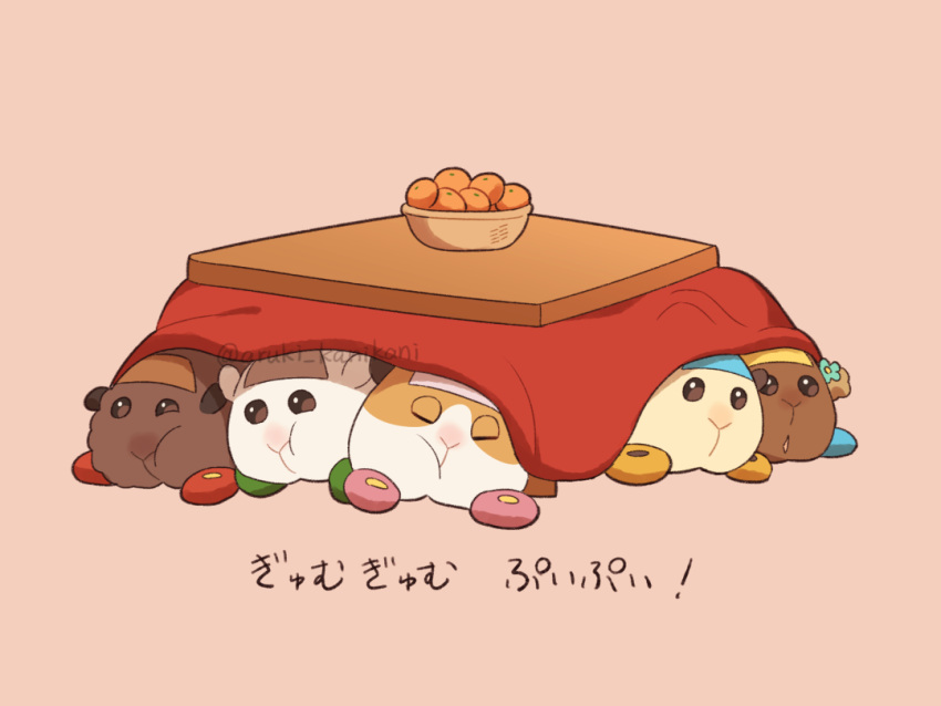 abbey_(pui_pui_molcar) animal_focus artist_name basket brown_background brown_eyes choco_(pui_pui_molcar) closed_eyes closed_mouth commentary_request flower food fruit green_flower guinea_pig kani_aruki_(aruki_kanikani) kotatsu looking_at_viewer mandarin_orange molcar no_humans open_mouth potato_(pui_pui_molcar) pui_pui_molcar shiromo_(pui_pui_molcar) simple_background sleeping table teddy_(pui_pui_molcar) translation_request twitter_username under_kotatsu under_table