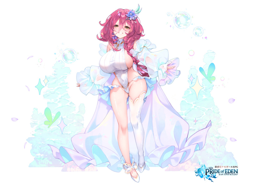 1girl absurdres braid breasts detached_sleeves flower hair_flower hair_ornament highleg highres kanola_u large_breasts legs official_art pink_hair red:_pride_of_eden see-through see-through_sleeves side_braid sideboob single_thighhigh smile solo thighhighs yellow_eyes